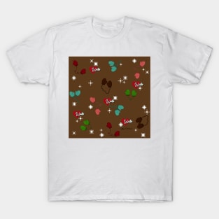 Winter Love Mittens and Snowflake Pattern on Chocolate Brown T-Shirt